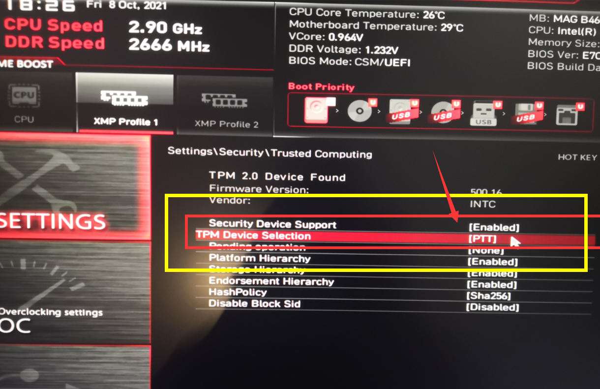 微星b460开启tpm2.0方法