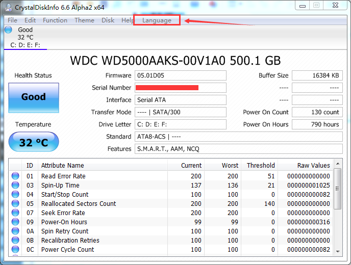 crystaldiskinfo中文界面设置教程