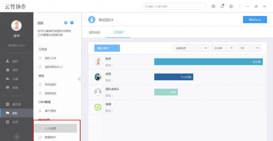 云竹协作中团队成员工时统计具体操作步骤