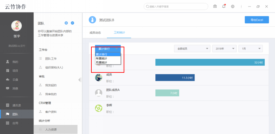 云竹协作中团队成员工时统计具体操作步骤