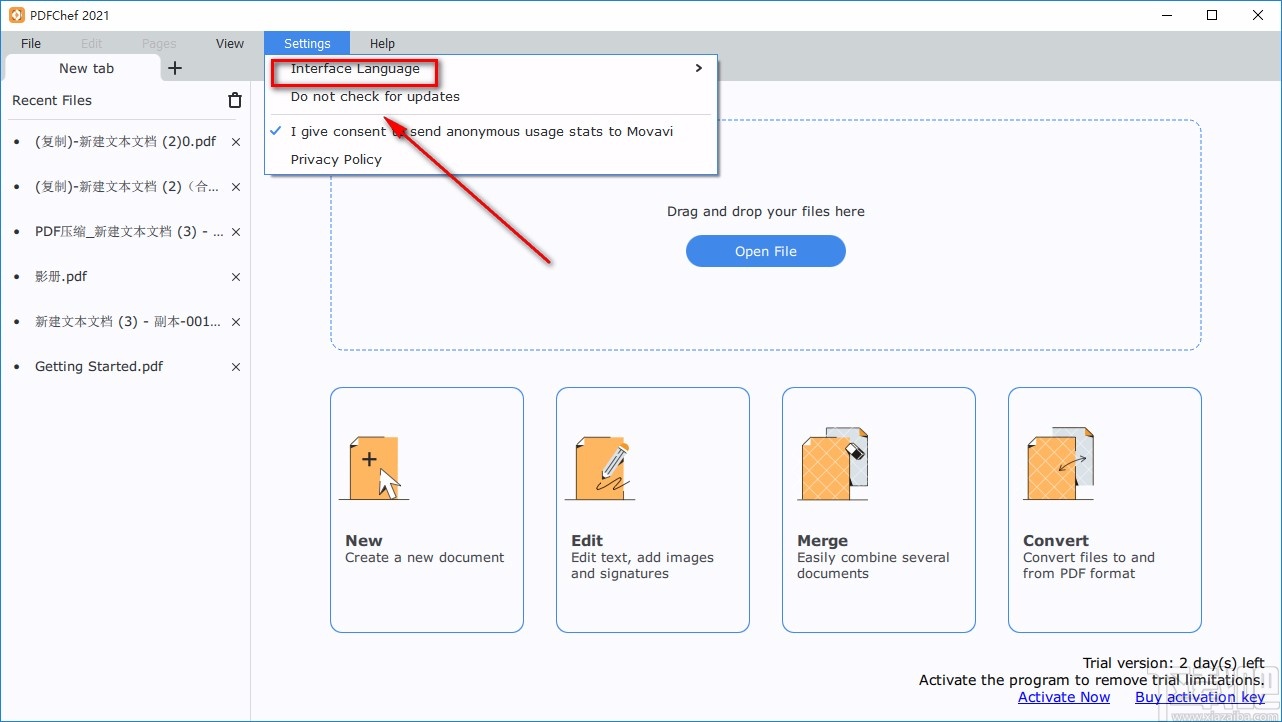 Movavi PDFChef设置中文的方法