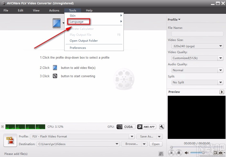 AVCWare FLV Video Converter设置中文的方法