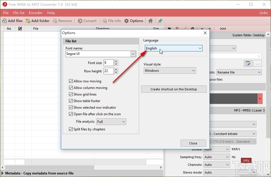 Free WMA to MP3 Converter设置中文的方法