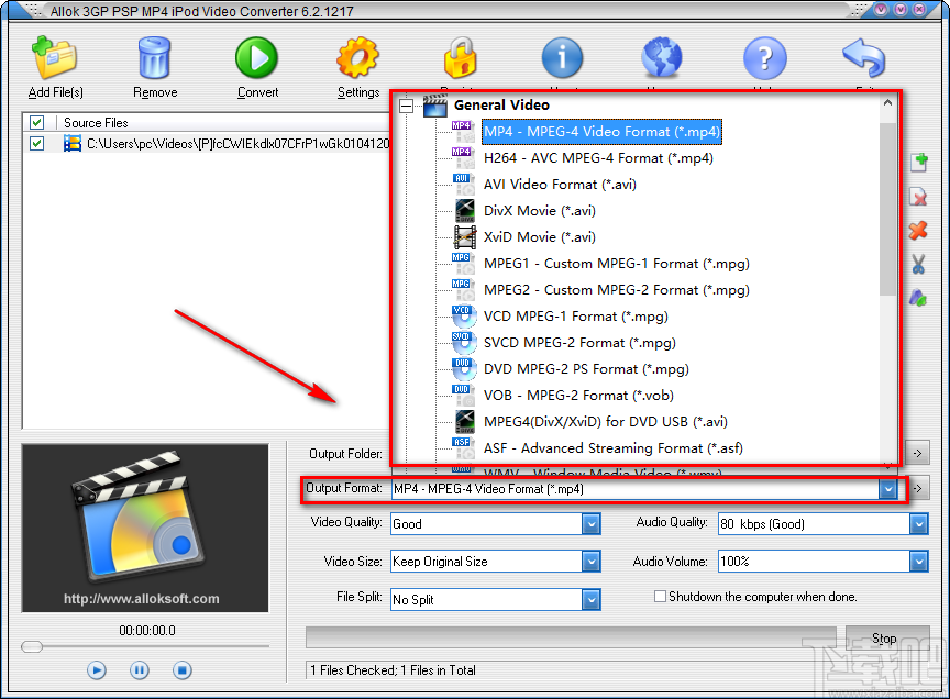 Allok 3GP PSP MP4 iPod Video Converter将AVI视频转为MP4视频的方法