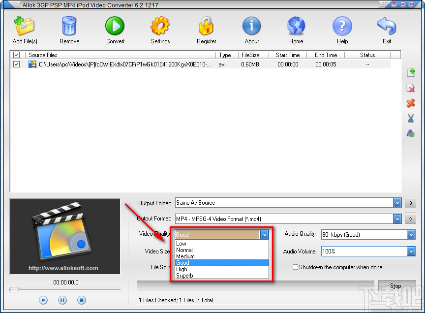Allok 3GP PSP MP4 iPod Video Converter将AVI视频转为MP4视频的方法