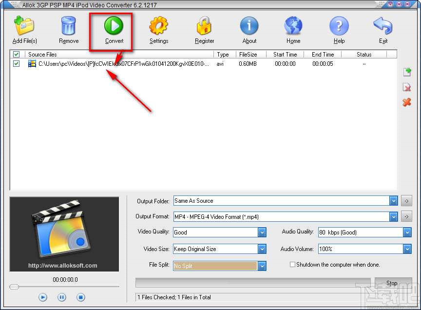 Allok 3GP PSP MP4 iPod Video Converter将AVI视频转为MP4视频的方法