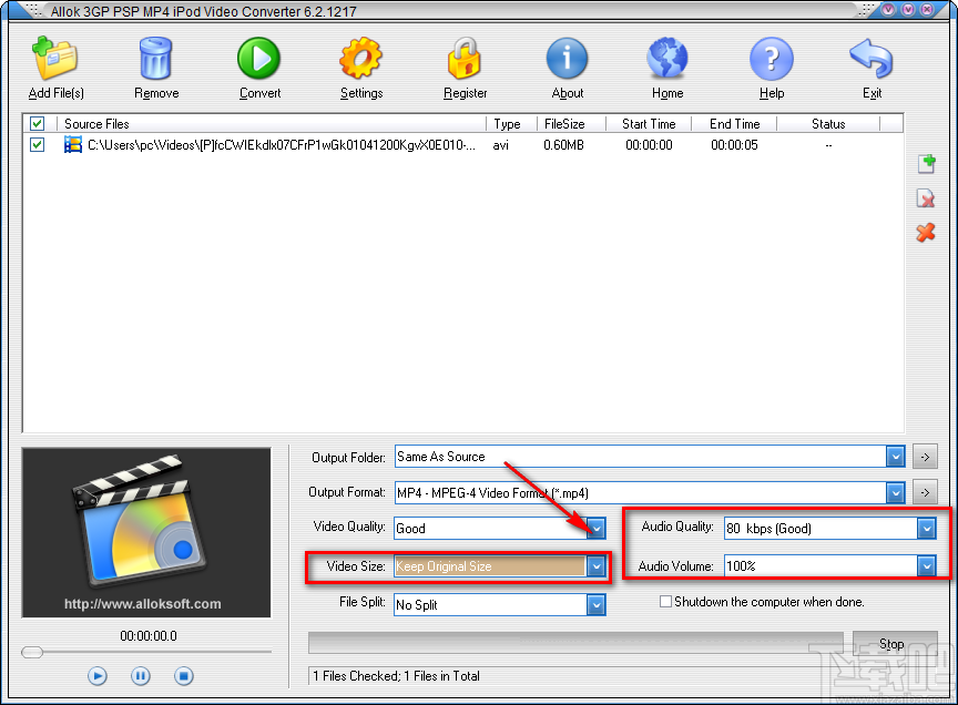 Allok 3GP PSP MP4 iPod Video Converter将AVI视频转为MP4视频的方法