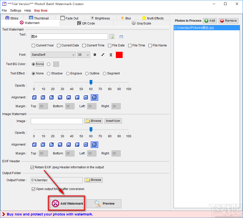 PhotoX给图片添加文字水印的方法步骤